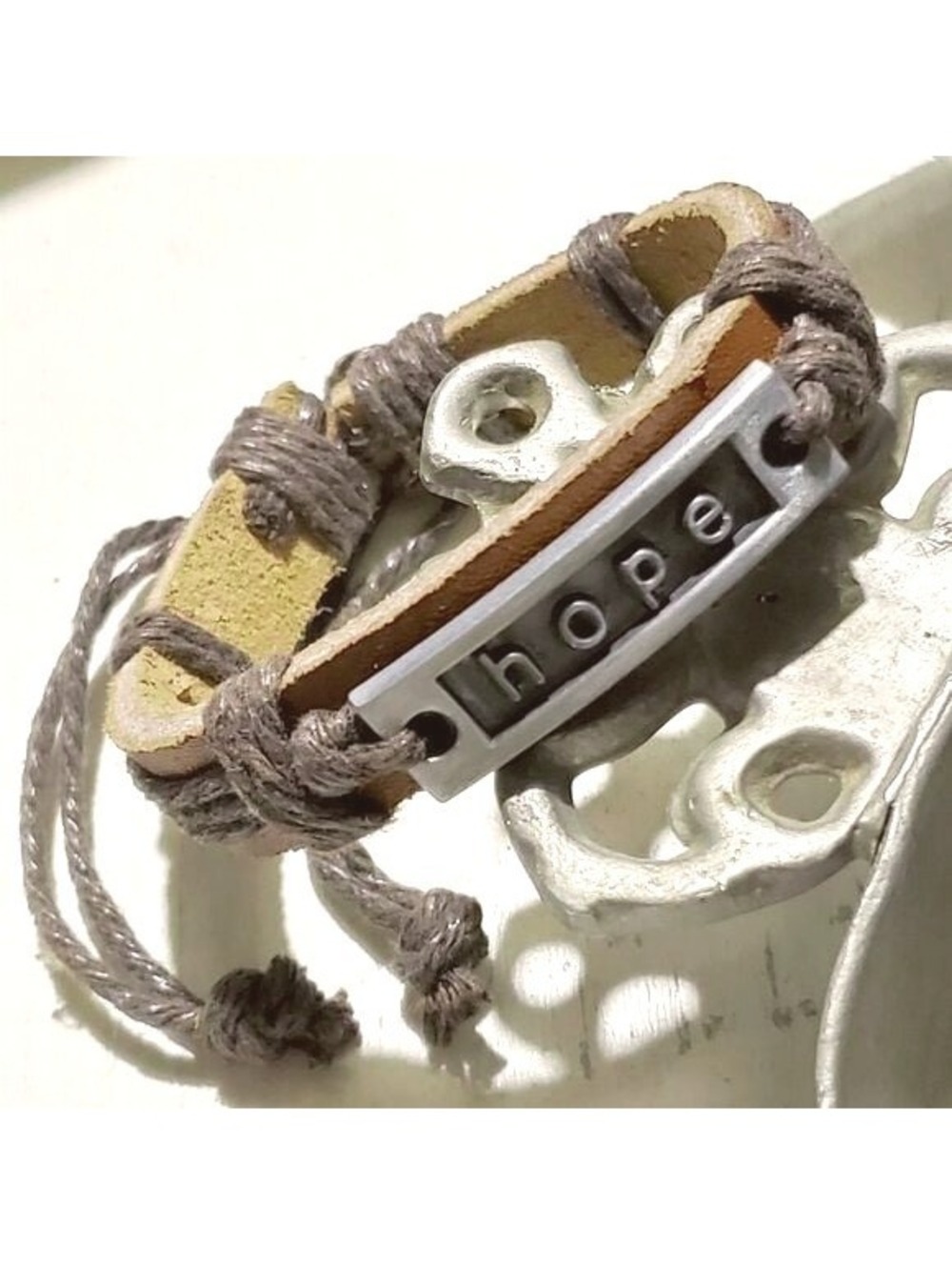 Genuine Leather Handcrafted Hope Affirmation Medium Brown Silver Pewter Bracelet